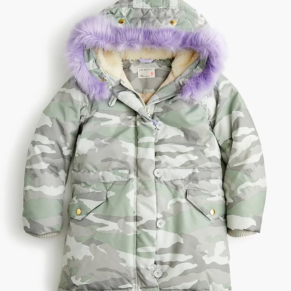 J.Crew Crewcuts Girls Camo Puffer Jacket Coat Green Purple Faux Fur Hood 4-5
